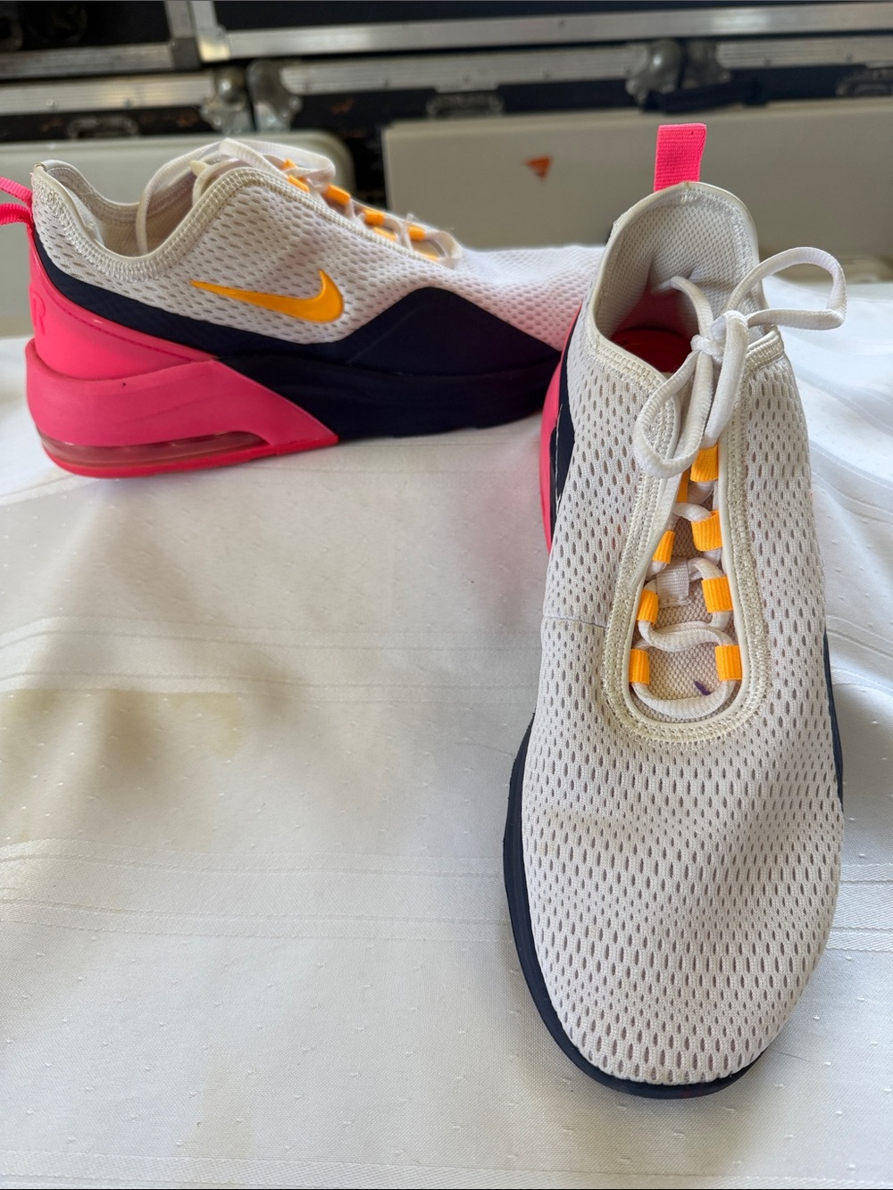 Nike Women's White Pink Navy Athletic Sneakers with Yellow Accents